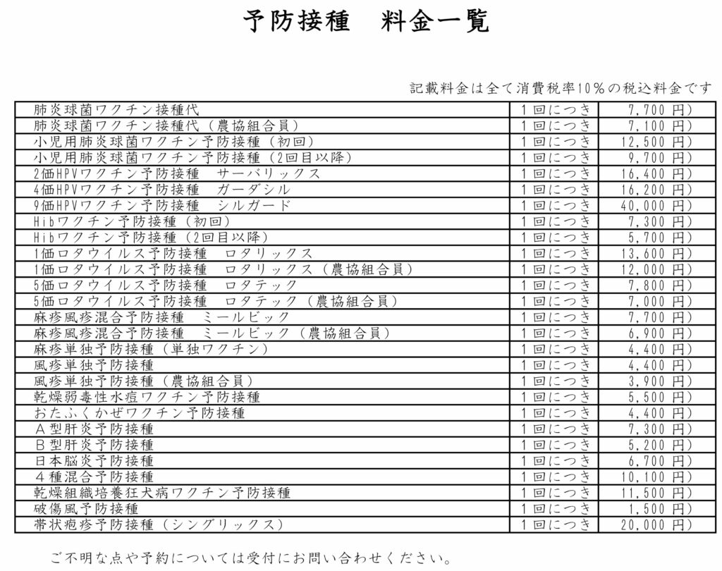 予防接種料金一覧