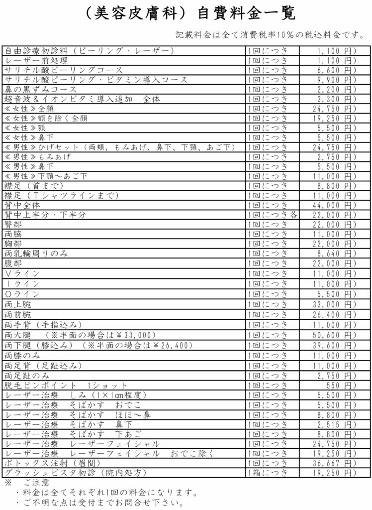 美容皮膚科料金一覧
